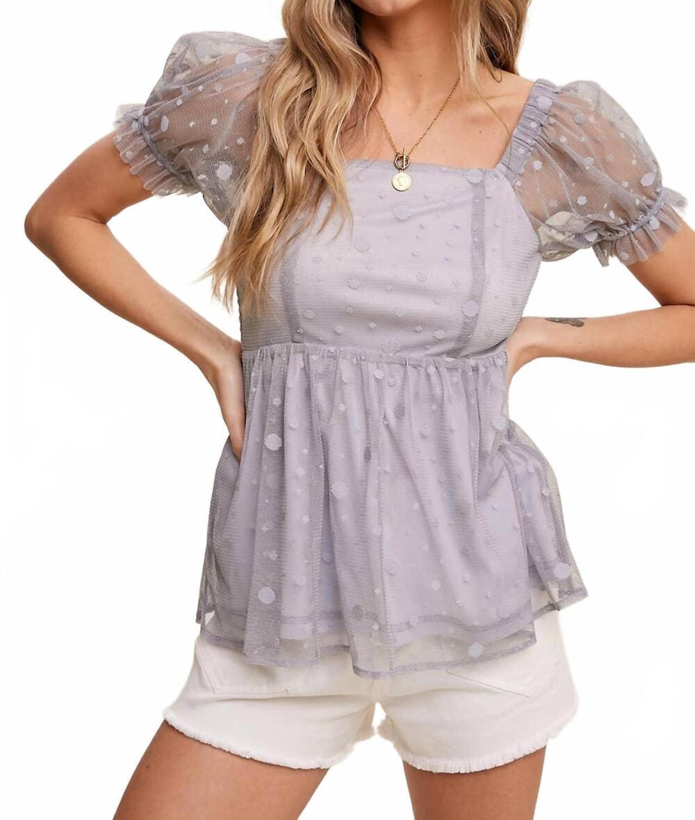NEW LISTICLE women's swiss dot mesh peplum blouse in dusty blue
